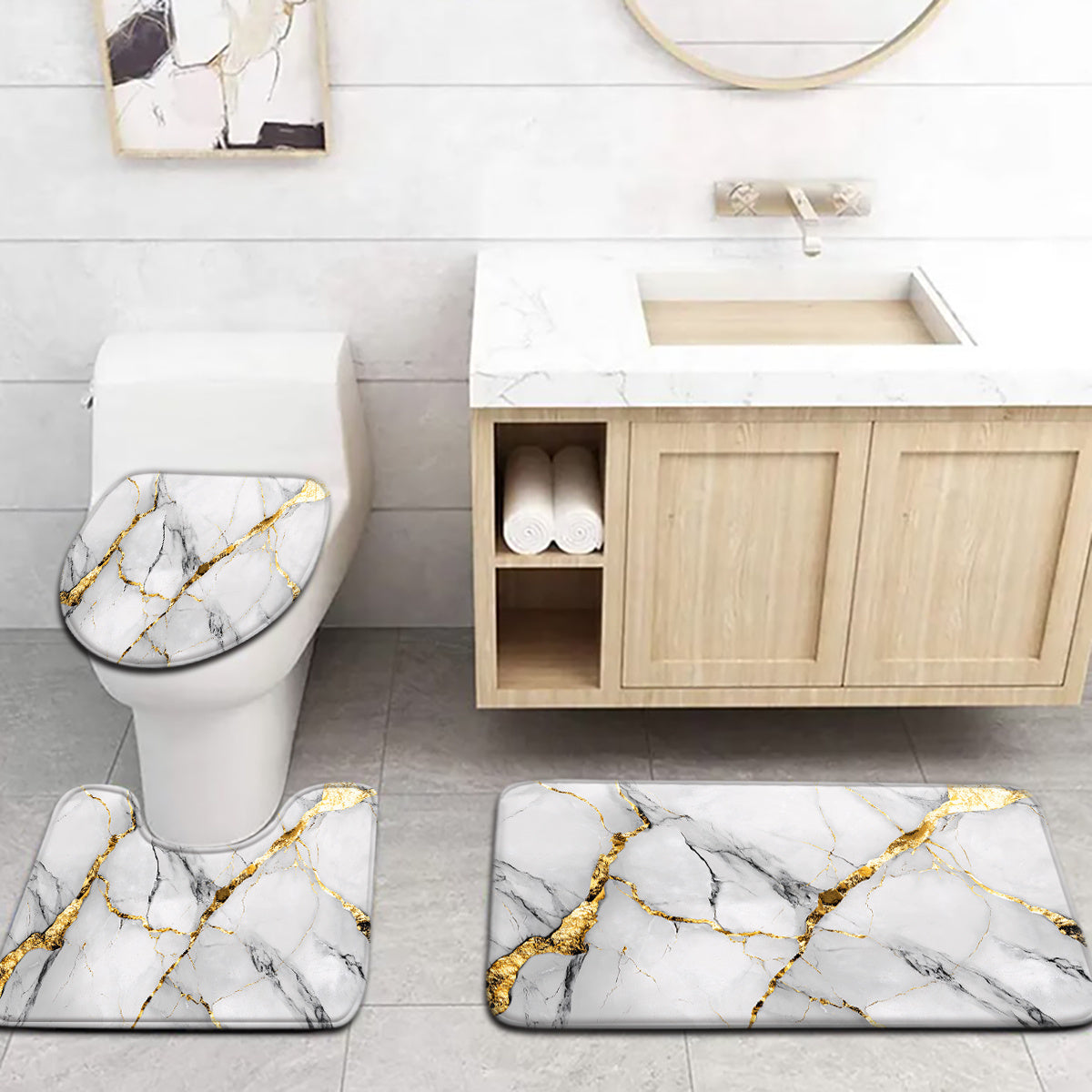 2pcs/3pcs Simple Marble Golden Pattern Bathroom Mat Set, Strong Absorbency, Includes U-Shaped Toilet Mat for Kitchen Bathroom Decor, Bathroom Door Mat, Bathroom Rug, Bedroom Rug, Floor Mat, Outdoor Entrance, Kitchen Area Rug,