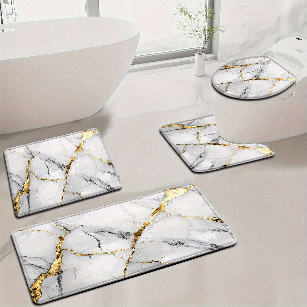 2pcs/3pcs Simple Marble Golden Pattern Bathroom Mat Set, Strong Absorbency, Includes U-Shaped Toilet Mat for Kitchen Bathroom Decor, Bathroom Door Mat, Bathroom Rug, Bedroom Rug, Floor Mat, Outdoor Entrance, Kitchen Area Rug,