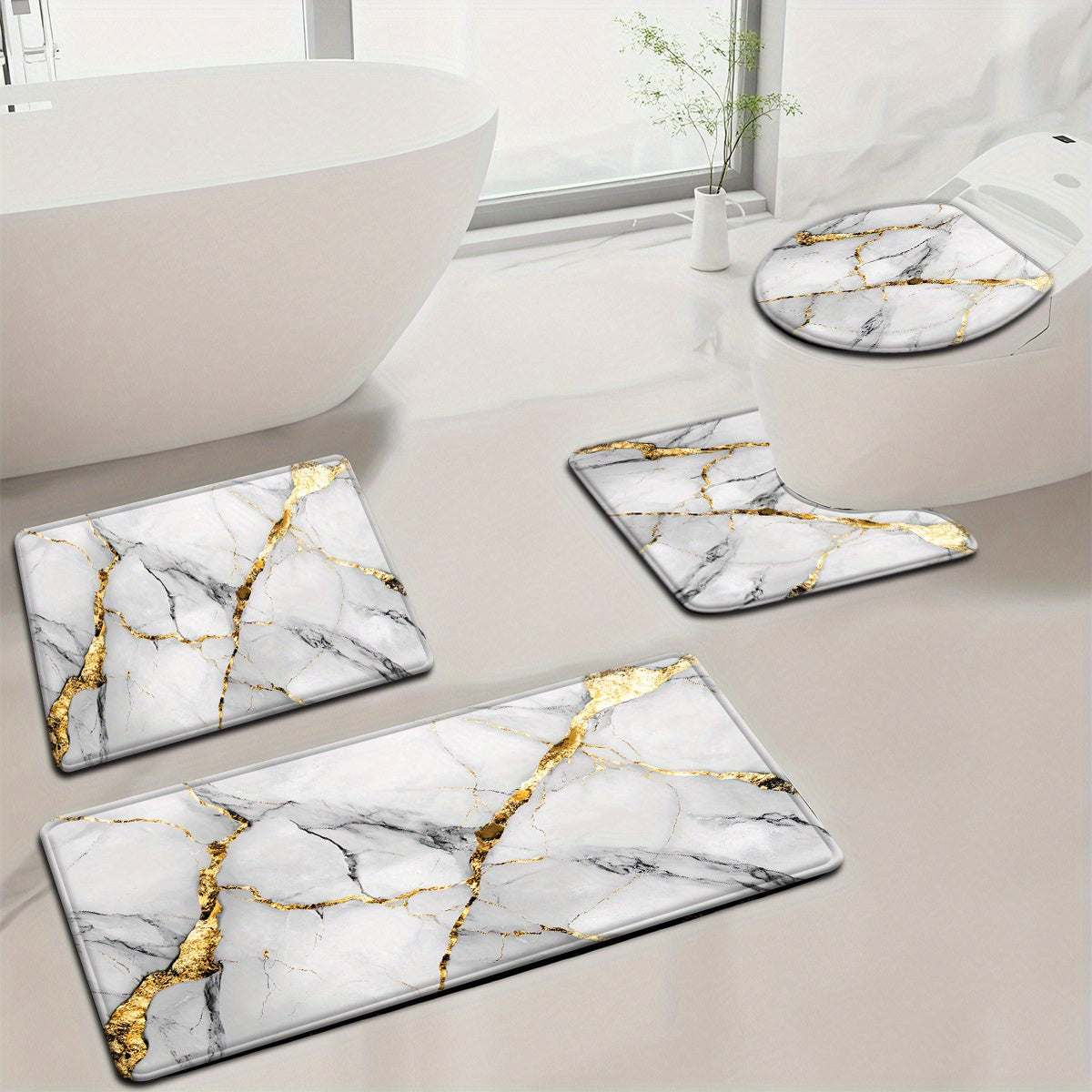 2pcs/3pcs Simple Marble Golden Pattern Bathroom Mat Set, Strong Absorbency, Includes U-Shaped Toilet Mat for Kitchen Bathroom Decor, Bathroom Door Mat, Bathroom Rug, Bedroom Rug, Floor Mat, Outdoor Entrance, Kitchen Area Rug,
