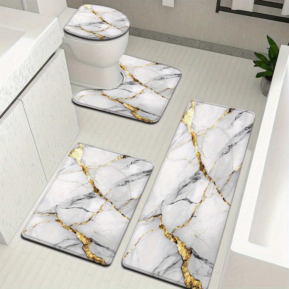2pcs/3pcs Simple Marble Golden Pattern Bathroom Mat Set, Strong Absorbency, Includes U-Shaped Toilet Mat for Kitchen Bathroom Decor, Bathroom Door Mat, Bathroom Rug, Bedroom Rug, Floor Mat, Outdoor Entrance, Kitchen Area Rug,