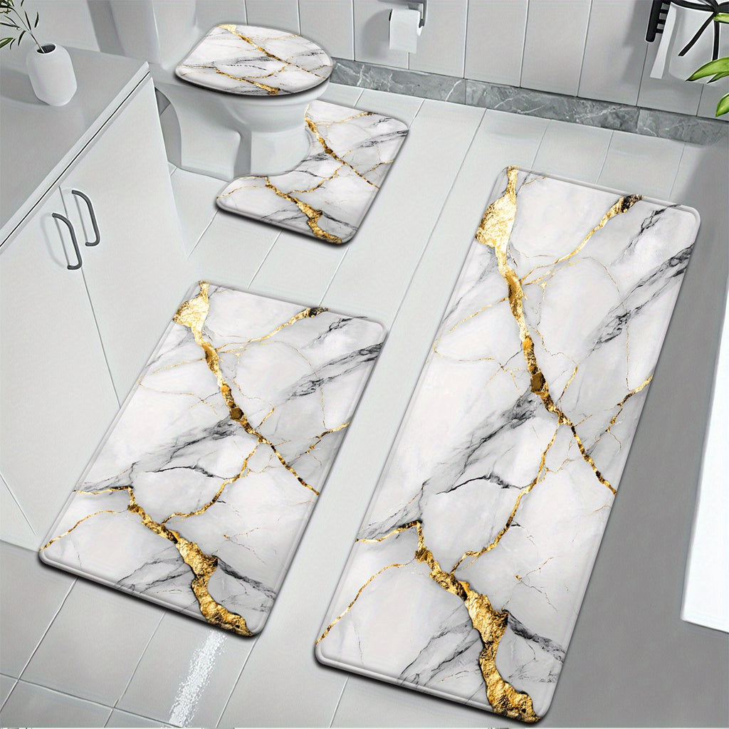 2pcs/3pcs Simple Marble Golden Pattern Bathroom Mat Set, Strong Absorbency, Includes U-Shaped Toilet Mat for Kitchen Bathroom Decor, Bathroom Door Mat, Bathroom Rug, Bedroom Rug, Floor Mat, Outdoor Entrance, Kitchen Area Rug,