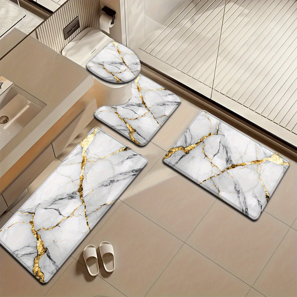 2pcs/3pcs Simple Marble Golden Pattern Bathroom Mat Set, Strong Absorbency, Includes U-Shaped Toilet Mat for Kitchen Bathroom Decor, Bathroom Door Mat, Bathroom Rug, Bedroom Rug, Floor Mat, Outdoor Entrance, Kitchen Area Rug,