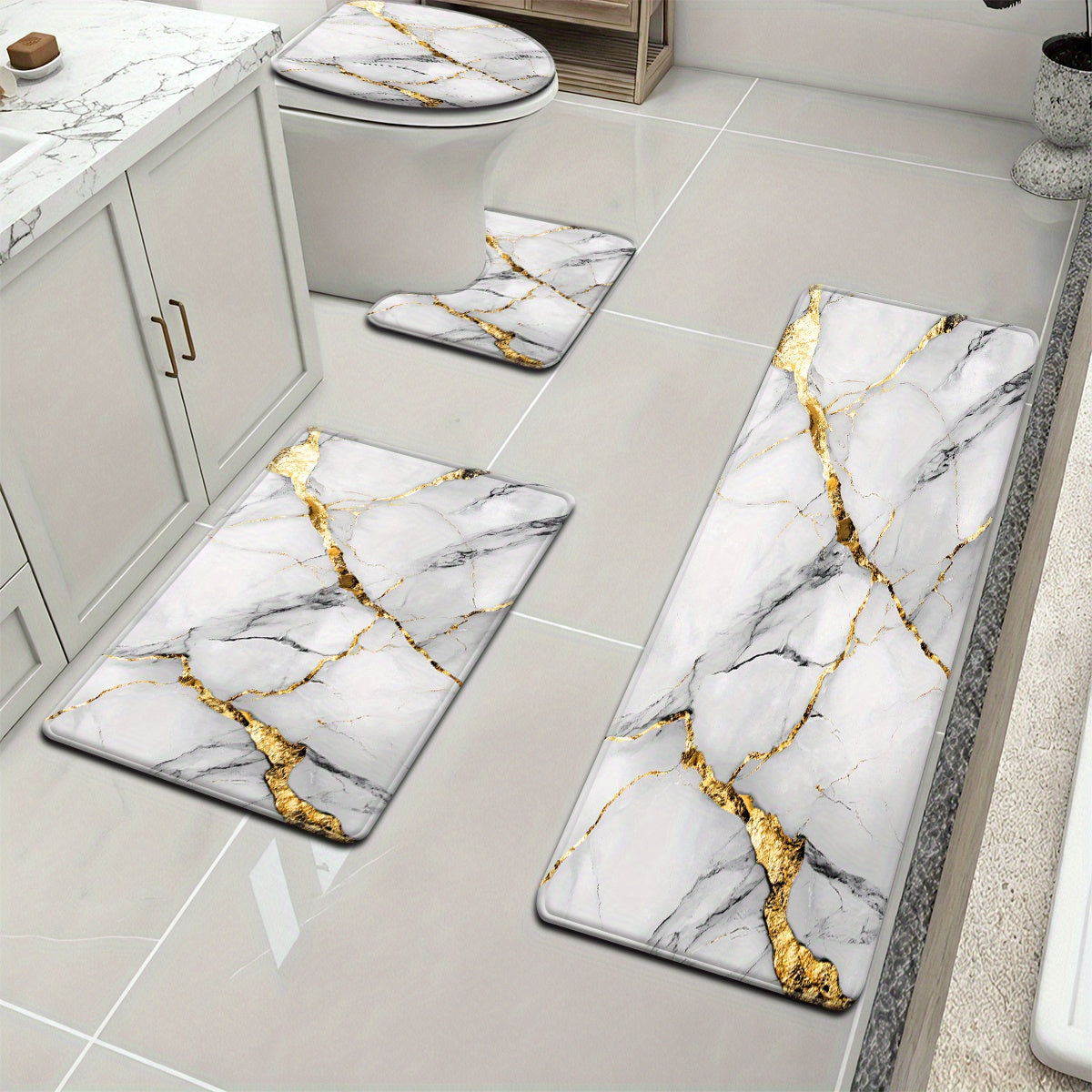 2pcs/3pcs Simple Marble Golden Pattern Bathroom Mat Set, Strong Absorbency, Includes U-Shaped Toilet Mat for Kitchen Bathroom Decor, Bathroom Door Mat, Bathroom Rug, Bedroom Rug, Floor Mat, Outdoor Entrance, Kitchen Area Rug,