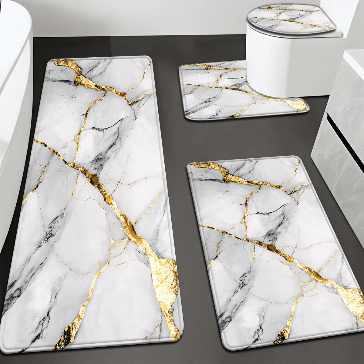 2pcs/3pcs Simple Marble Golden Pattern Bathroom Mat Set, Strong Absorbency, Includes U-Shaped Toilet Mat for Kitchen Bathroom Decor, Bathroom Door Mat, Bathroom Rug, Bedroom Rug, Floor Mat, Outdoor Entrance, Kitchen Area Rug,
