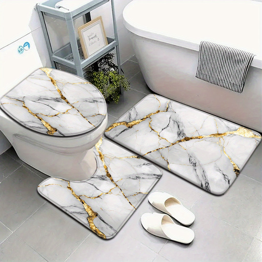2pcs/3pcs Simple Marble Golden Pattern Bathroom Mat Set, Strong Absorbency, Includes U-Shaped Toilet Mat for Kitchen Bathroom Decor, Bathroom Door Mat, Bathroom Rug, Bedroom Rug, Floor Mat, Outdoor Entrance, Kitchen Area Rug,