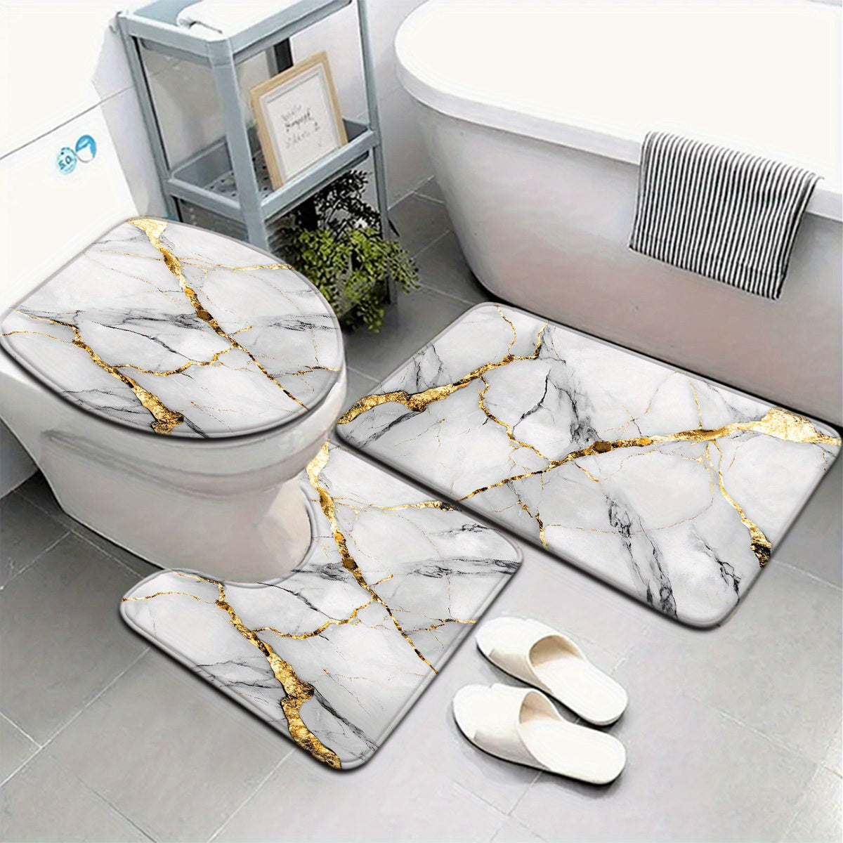 2pcs/3pcs Simple Marble Golden Pattern Bathroom Mat Set, Strong Absorbency, Includes U-Shaped Toilet Mat for Kitchen Bathroom Decor, Bathroom Door Mat, Bathroom Rug, Bedroom Rug, Floor Mat, Outdoor Entrance, Kitchen Area Rug,