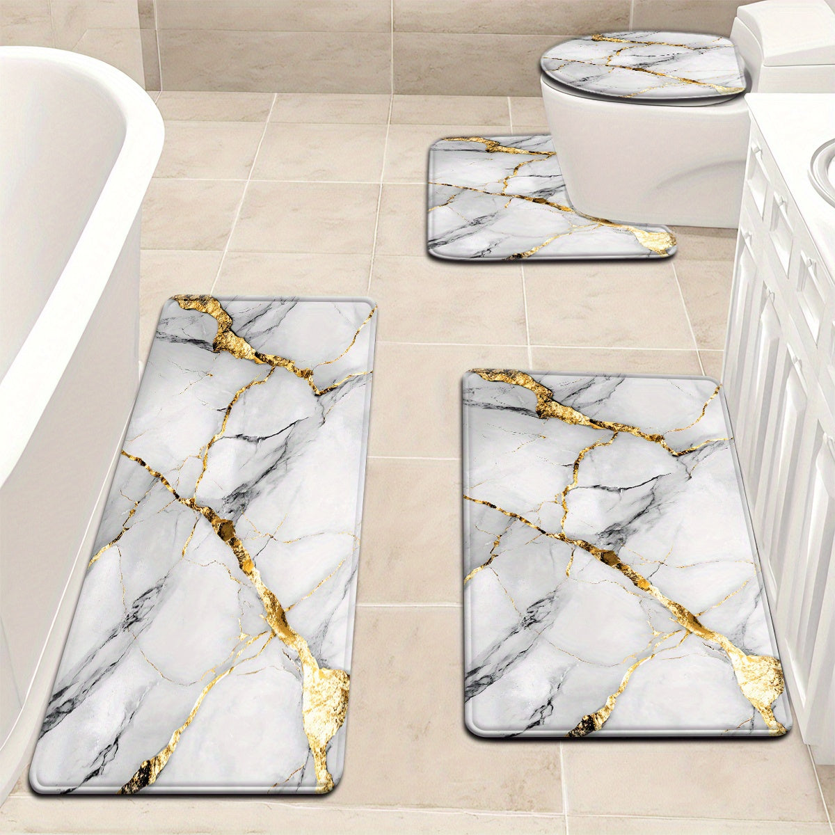 2pcs/3pcs Simple Marble Golden Pattern Bathroom Mat Set, Strong Absorbency, Includes U-Shaped Toilet Mat for Kitchen Bathroom Decor, Bathroom Door Mat, Bathroom Rug, Bedroom Rug, Floor Mat, Outdoor Entrance, Kitchen Area Rug,