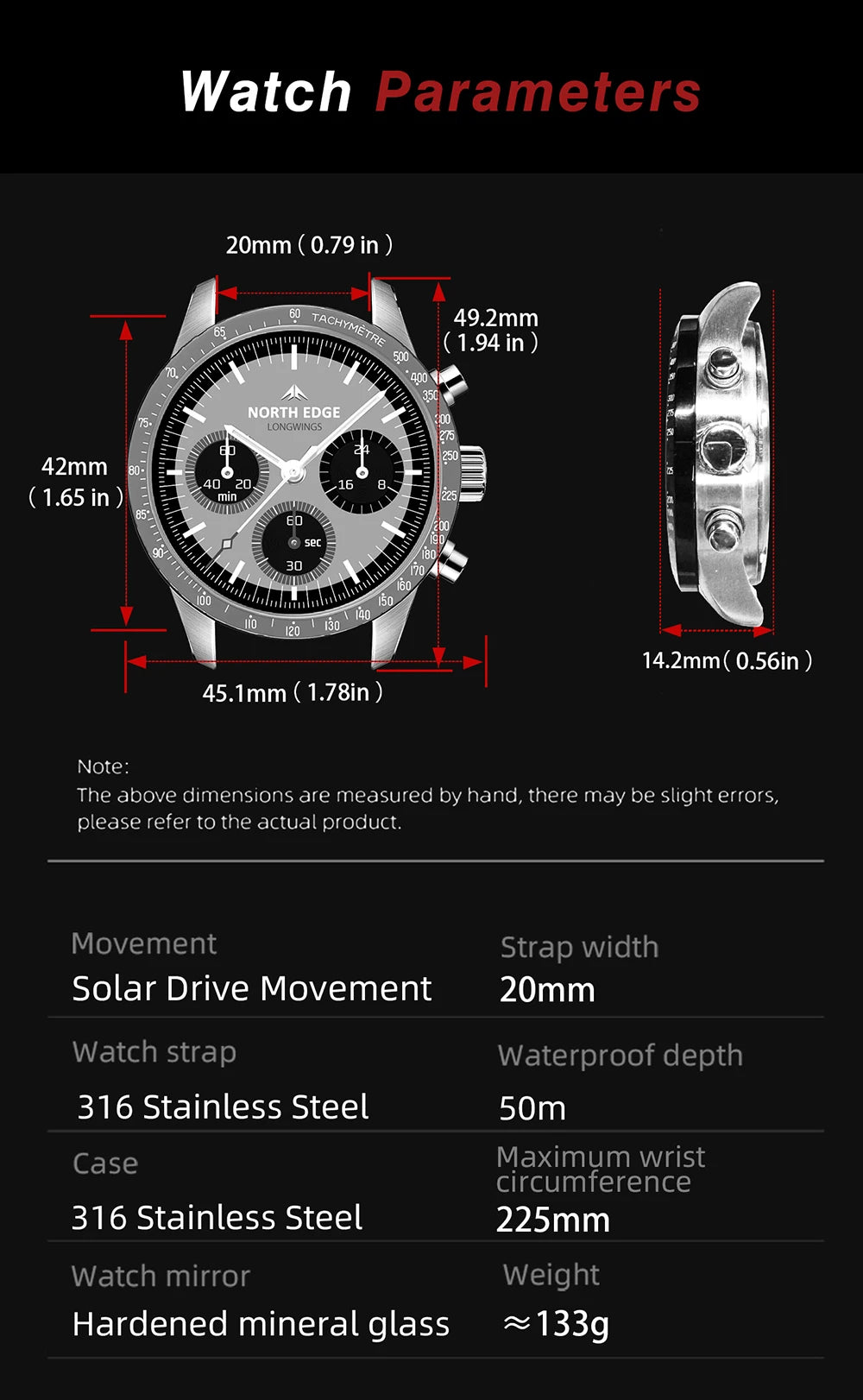 NORTH EDGE Solar Watches for Men New LONGWINGS Pilot Series Chronograph 50M Waterproof 316 Stainless Steel Mens Watch with Box