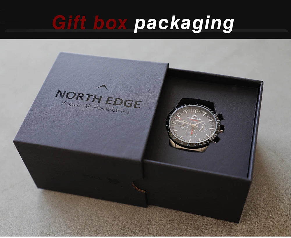 NORTH EDGE Solar Watches for Men New LONGWINGS Pilot Series Chronograph 50M Waterproof 316 Stainless Steel Mens Watch with Box