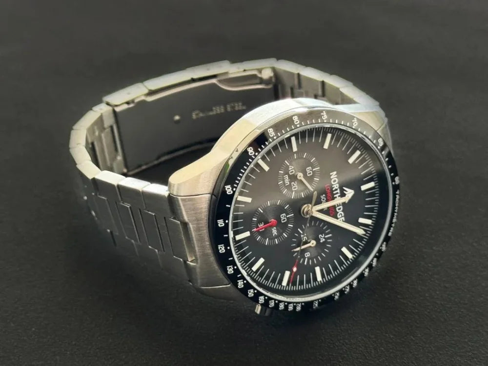 NORTH EDGE Solar Watches for Men New LONGWINGS Pilot Series Chronograph 50M Waterproof 316 Stainless Steel Mens Watch with Box