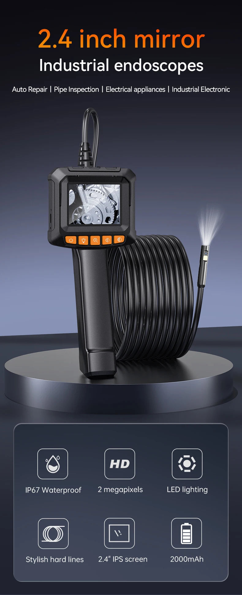 Industrial Endoscope Camera 2.4'' LCD Digital Handheld Borescope IP67 Waterproof HD1080P 8mm Pipe Sewer Camera Semi-Rigid Cable