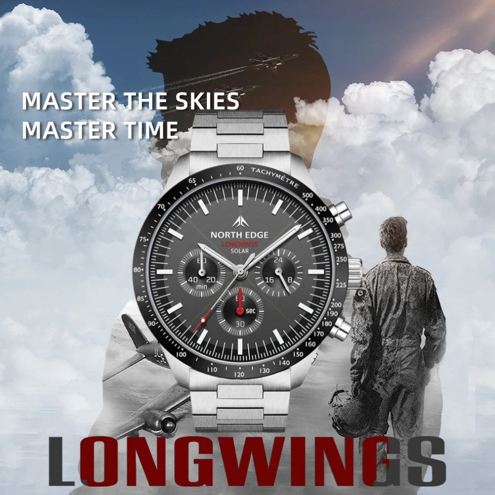 NORTH EDGE Solar Watches for Men New LONGWINGS Pilot Series Chronograph 50M Waterproof 316 Stainless Steel Mens Watch with Box