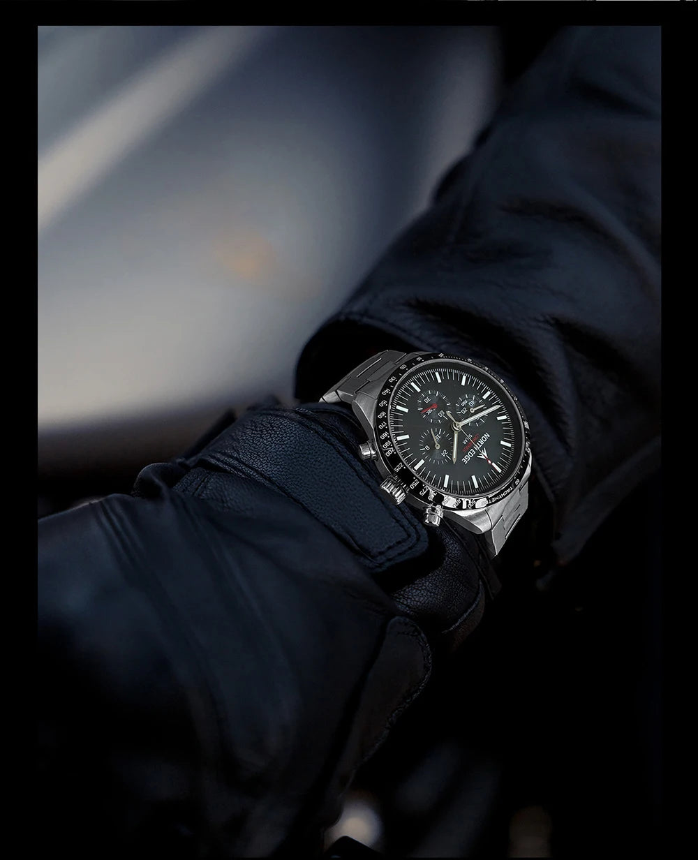 NORTH EDGE Solar Watches for Men New LONGWINGS Pilot Series Chronograph 50M Waterproof 316 Stainless Steel Mens Watch with Box