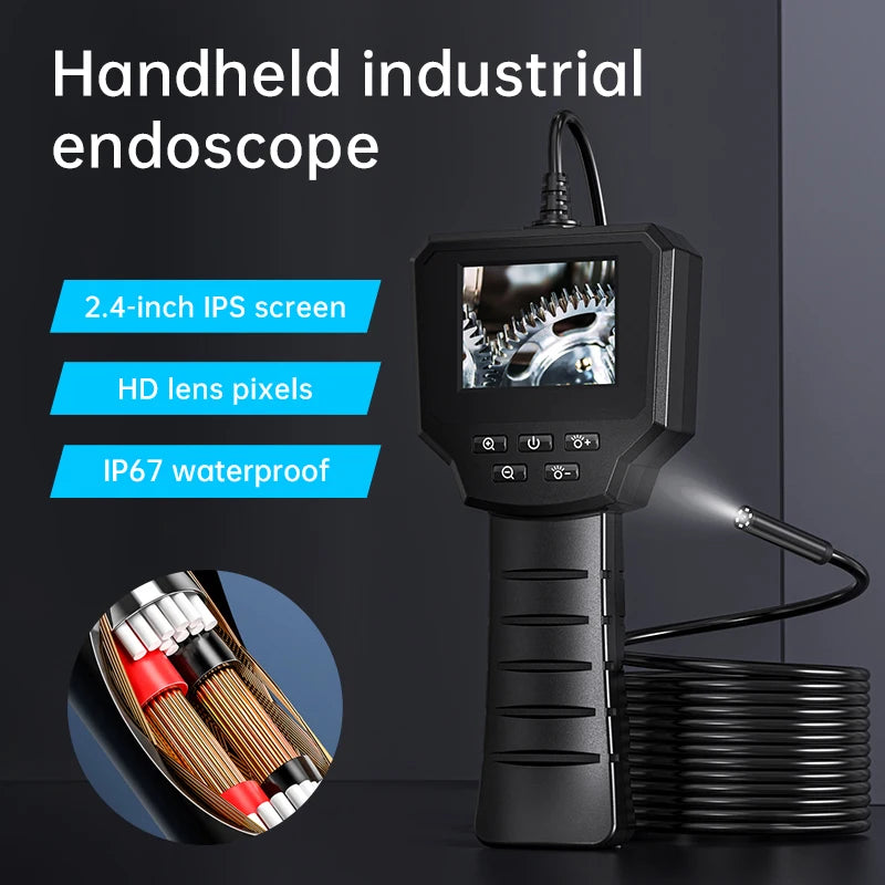 Industrial Endoscope Camera 2.4'' LCD Digital Handheld Borescope IP67 Waterproof HD1080P 8mm Pipe Sewer Camera Semi-Rigid Cable