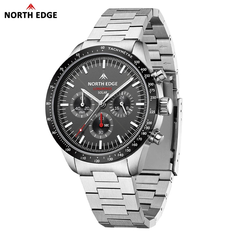 NORTH EDGE Solar Watches for Men New LONGWINGS Pilot Series Chronograph 50M Waterproof 316 Stainless Steel Mens Watch with Box