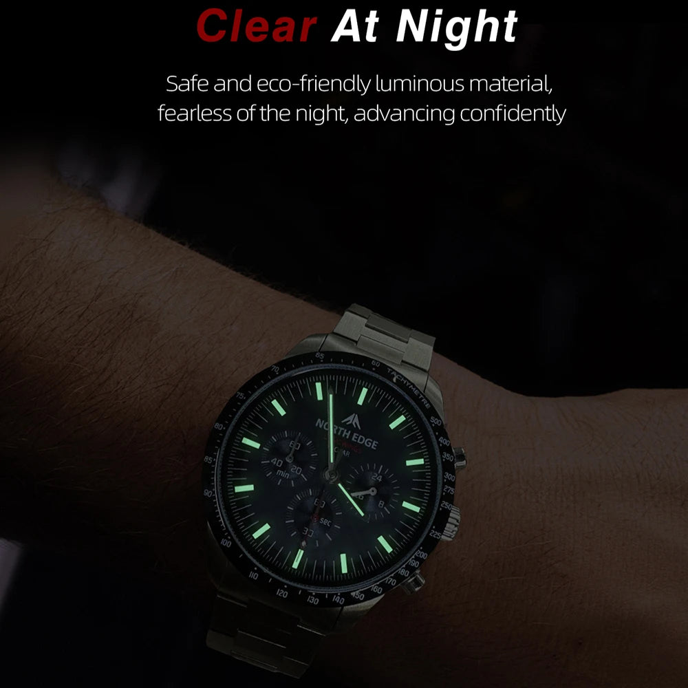 NORTH EDGE Solar Watches for Men New LONGWINGS Pilot Series Chronograph 50M Waterproof 316 Stainless Steel Mens Watch with Box