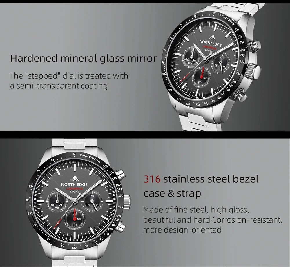 NORTH EDGE Solar Watches for Men New LONGWINGS Pilot Series Chronograph 50M Waterproof 316 Stainless Steel Mens Watch with Box