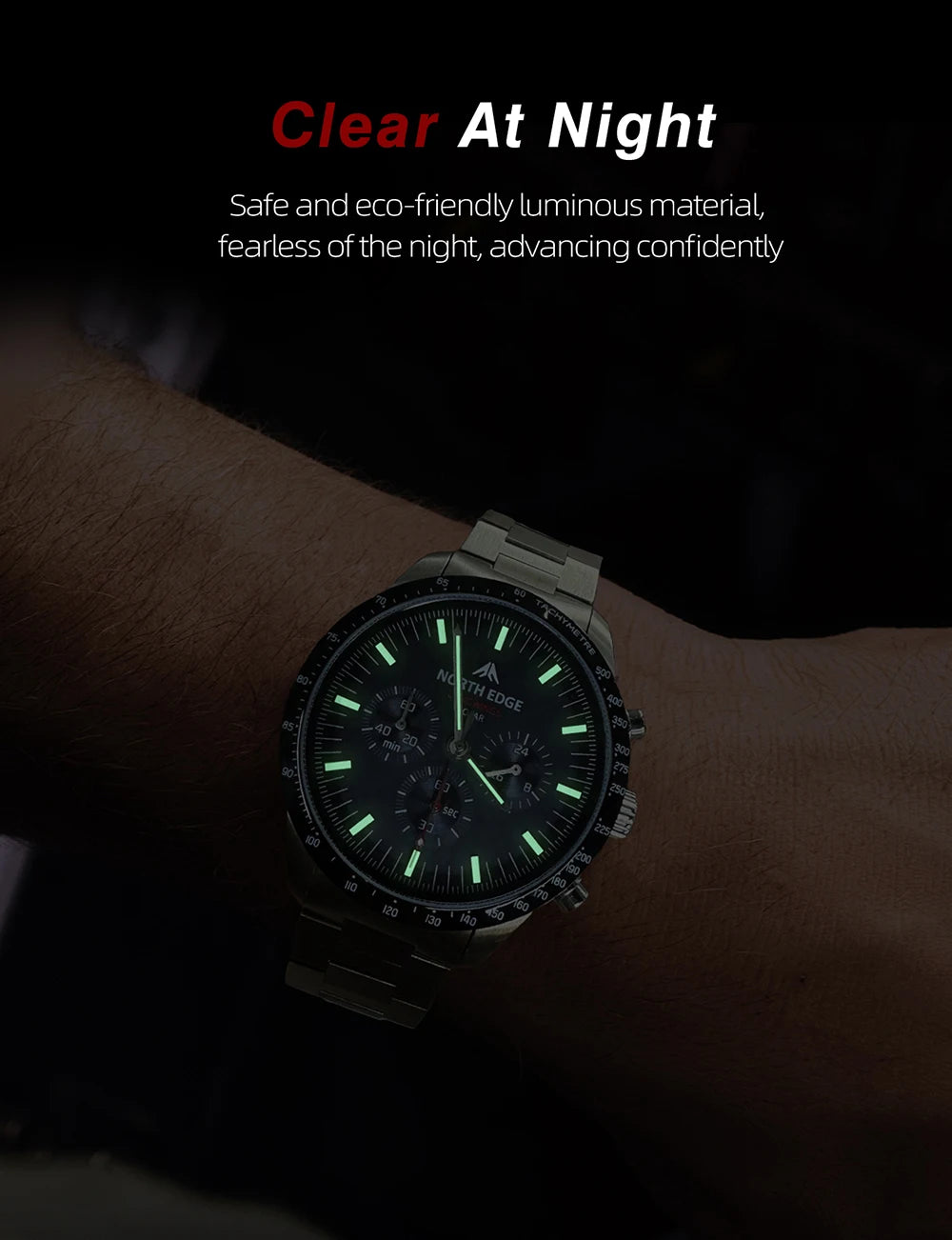 NORTH EDGE Solar Watches for Men New LONGWINGS Pilot Series Chronograph 50M Waterproof 316 Stainless Steel Mens Watch with Box