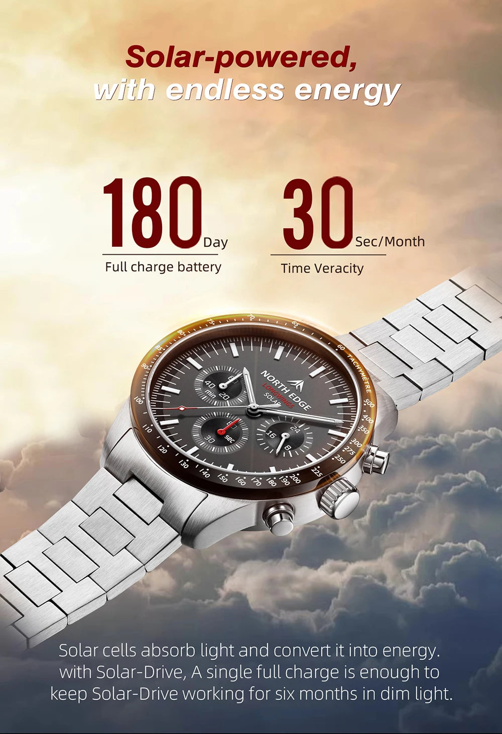 NORTH EDGE Solar Watches for Men New LONGWINGS Pilot Series Chronograph 50M Waterproof 316 Stainless Steel Mens Watch with Box