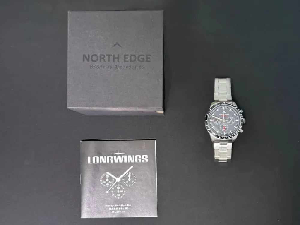 NORTH EDGE Solar Watches for Men New LONGWINGS Pilot Series Chronograph 50M Waterproof 316 Stainless Steel Mens Watch with Box