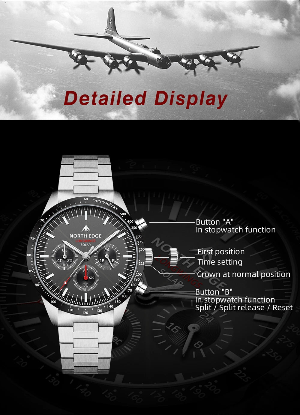 NORTH EDGE Solar Watches for Men New LONGWINGS Pilot Series Chronograph 50M Waterproof 316 Stainless Steel Mens Watch with Box