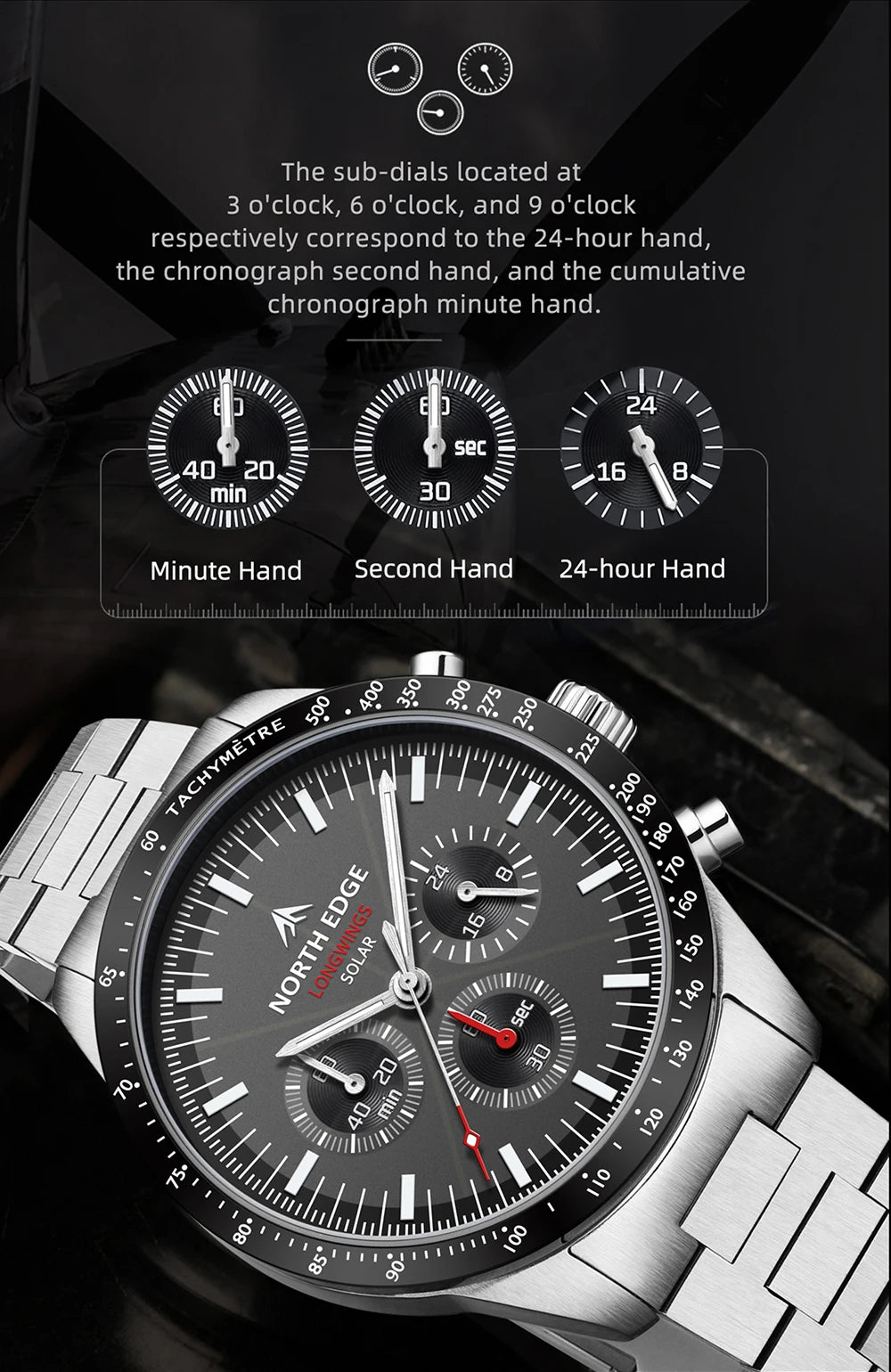 NORTH EDGE Solar Watches for Men New LONGWINGS Pilot Series Chronograph 50M Waterproof 316 Stainless Steel Mens Watch with Box