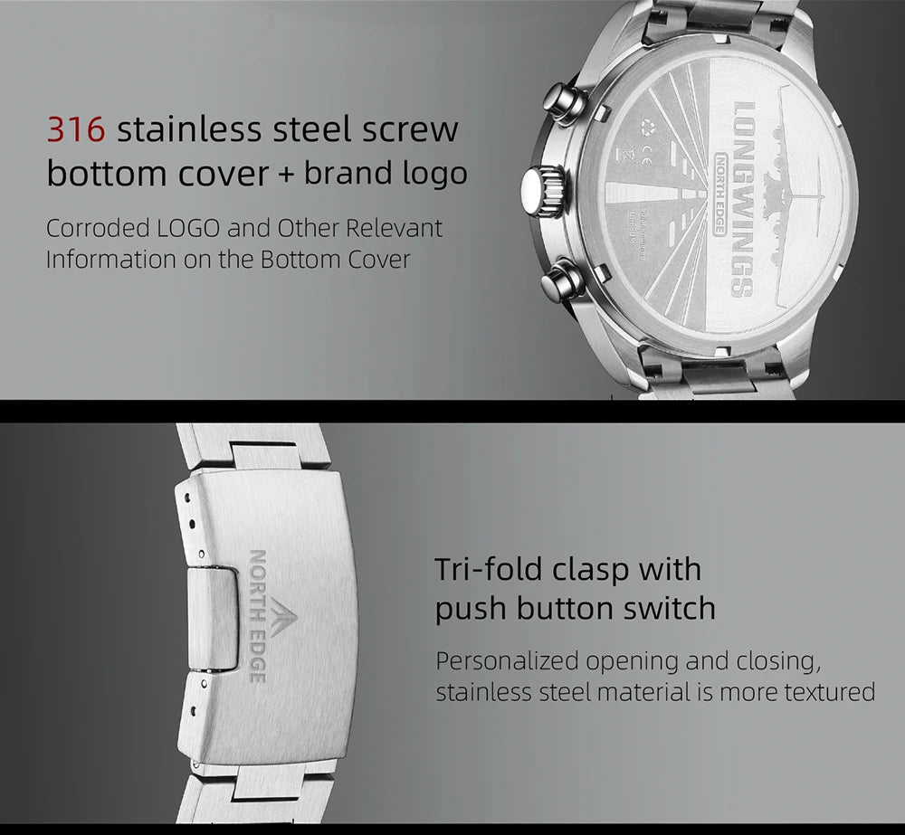 NORTH EDGE Solar Watches for Men New LONGWINGS Pilot Series Chronograph 50M Waterproof 316 Stainless Steel Mens Watch with Box