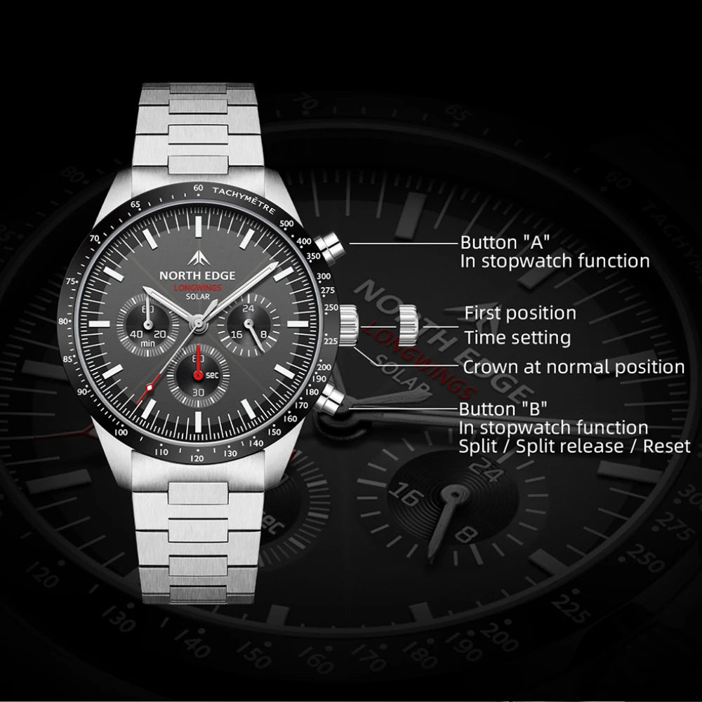 NORTH EDGE Solar Watches for Men New LONGWINGS Pilot Series Chronograph 50M Waterproof 316 Stainless Steel Mens Watch with Box