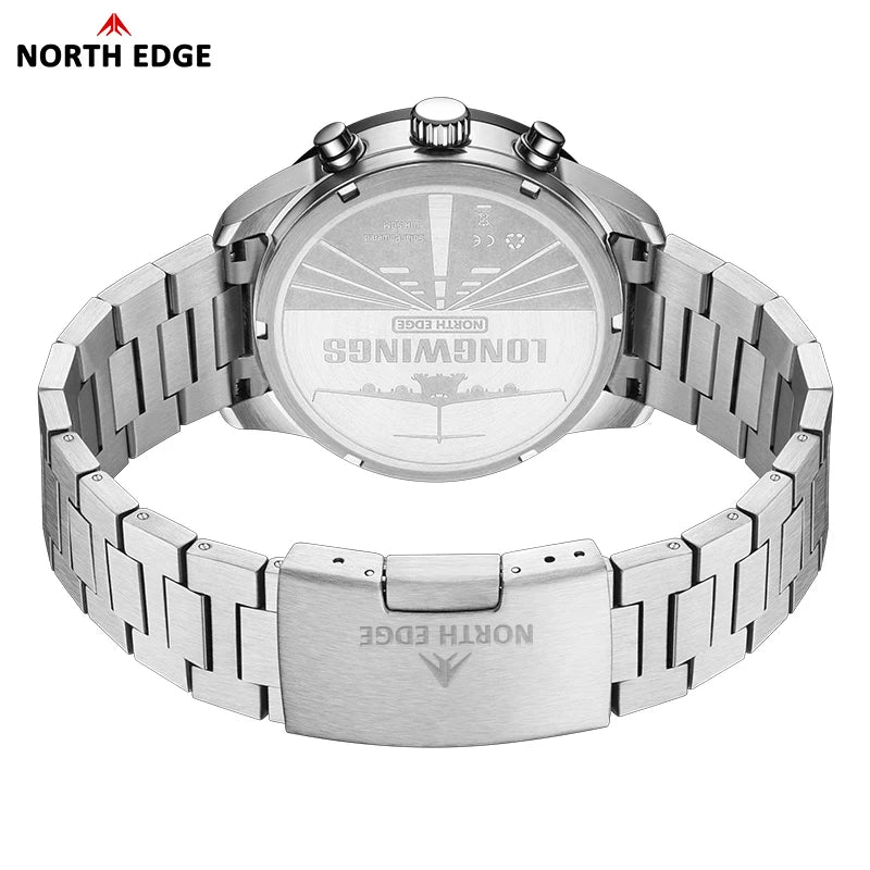 NORTH EDGE Solar Watches for Men New LONGWINGS Pilot Series Chronograph 50M Waterproof 316 Stainless Steel Mens Watch with Box