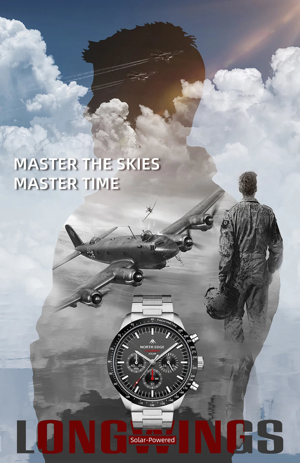 NORTH EDGE Solar Watches for Men New LONGWINGS Pilot Series Chronograph 50M Waterproof 316 Stainless Steel Mens Watch with Box