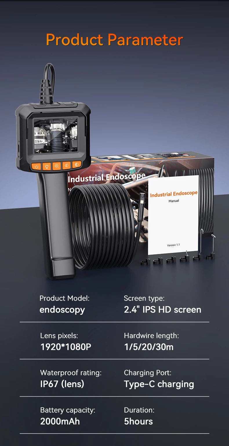 Industrial Endoscope Camera 2.4'' LCD Digital Handheld Borescope IP67 Waterproof HD1080P 8mm Pipe Sewer Camera Semi-Rigid Cable