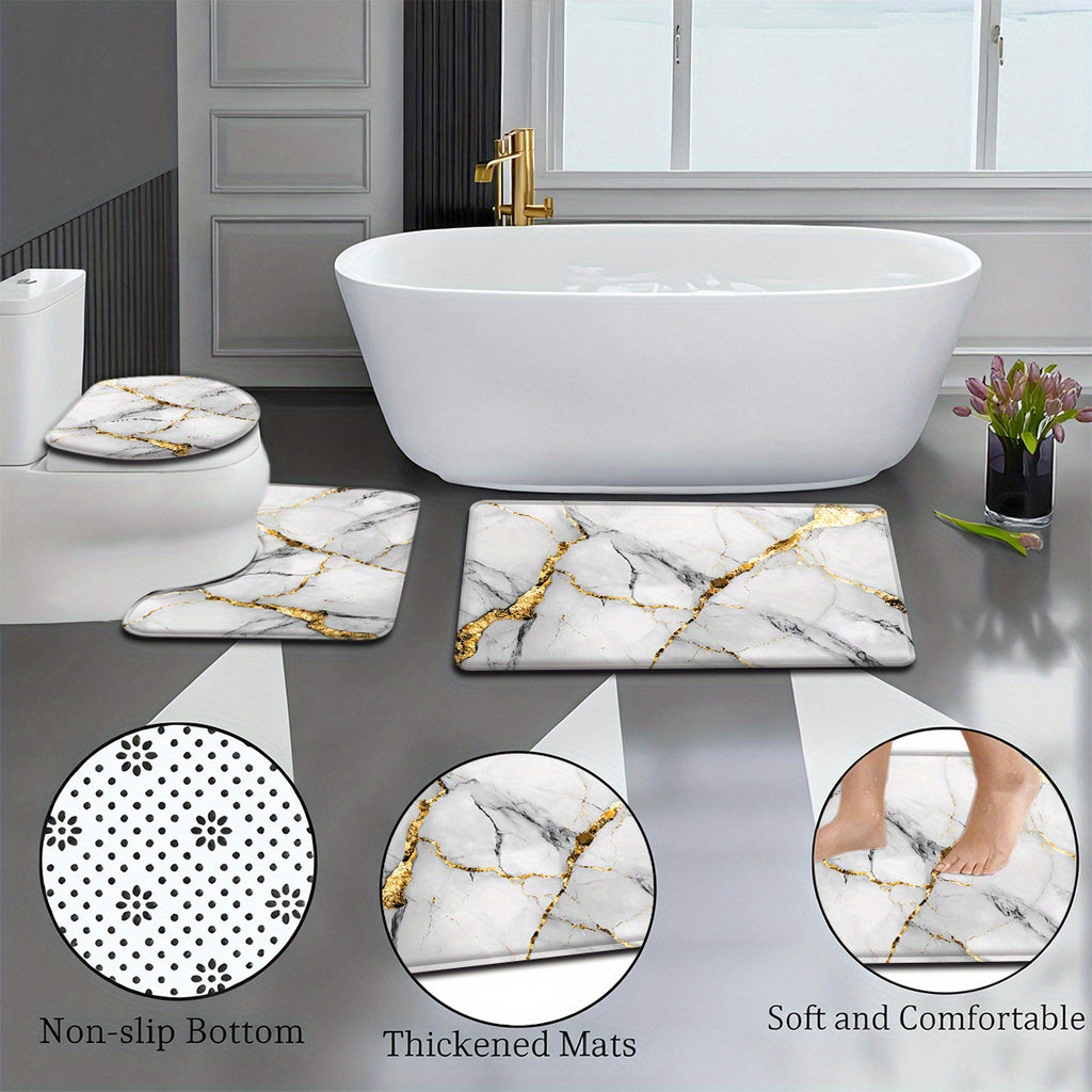 2pcs/3pcs Simple Marble Golden Pattern Bathroom Mat Set, Strong Absorbency, Includes U-Shaped Toilet Mat for Kitchen Bathroom Decor, Bathroom Door Mat, Bathroom Rug, Bedroom Rug, Floor Mat, Outdoor Entrance, Kitchen Area Rug,