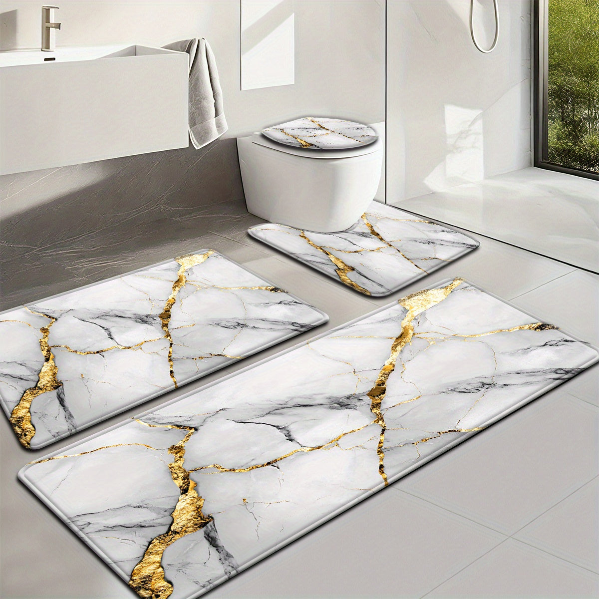2pcs/3pcs Simple Marble Golden Pattern Bathroom Mat Set, Strong Absorbency, Includes U-Shaped Toilet Mat for Kitchen Bathroom Decor, Bathroom Door Mat, Bathroom Rug, Bedroom Rug, Floor Mat, Outdoor Entrance, Kitchen Area Rug,