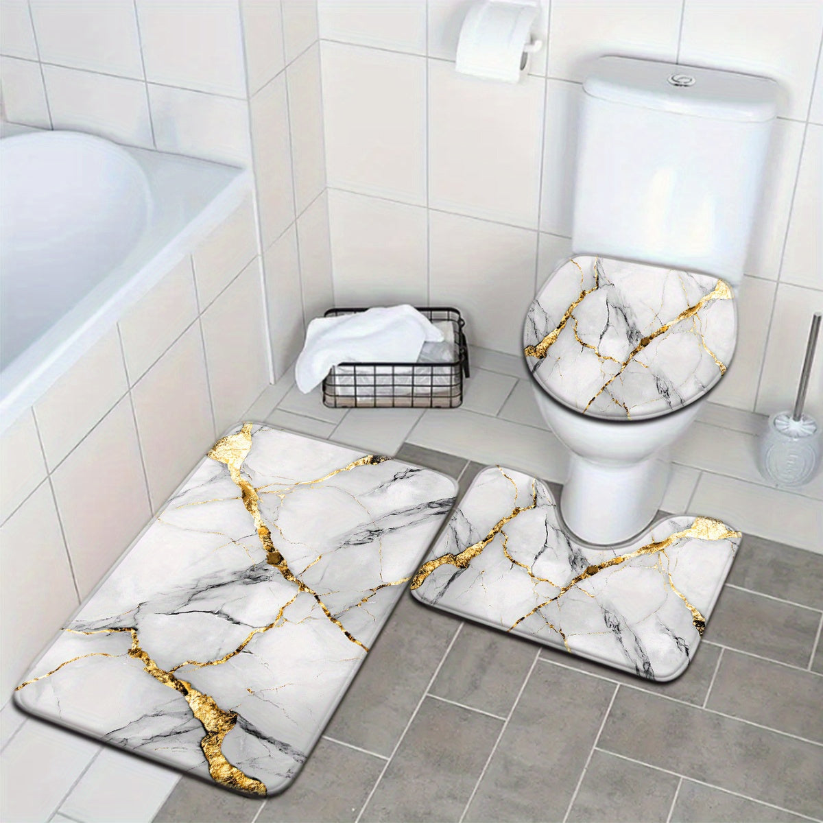 2pcs/3pcs Simple Marble Golden Pattern Bathroom Mat Set, Strong Absorbency, Includes U-Shaped Toilet Mat for Kitchen Bathroom Decor, Bathroom Door Mat, Bathroom Rug, Bedroom Rug, Floor Mat, Outdoor Entrance, Kitchen Area Rug,